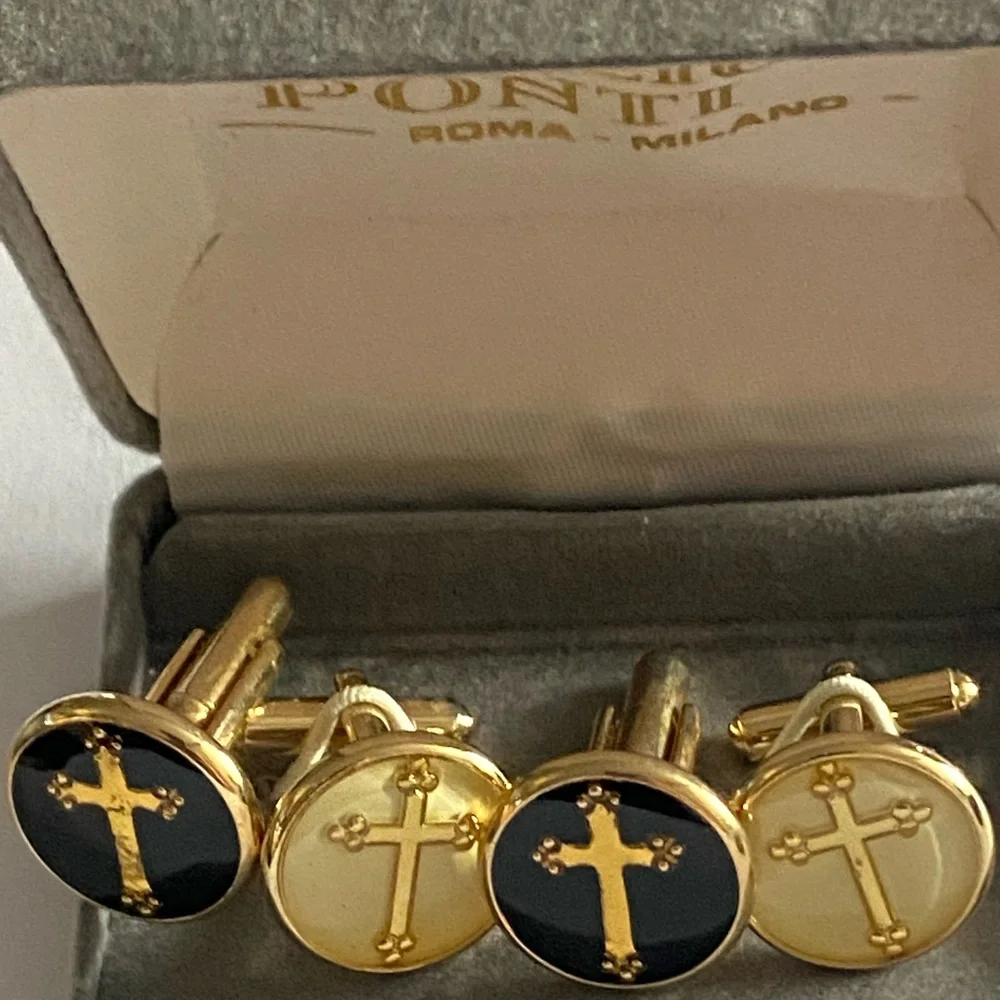 Emilio Ponti Roma Milano Gold and Black Budded Cross 2 Set of Cufflinks In Box